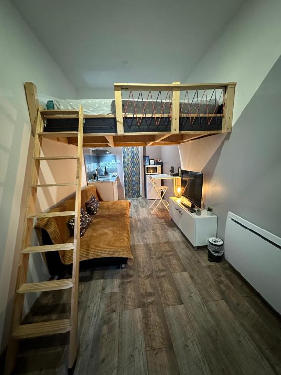 a room with two bunk beds and a tv at La Tiny : Adorable petit studio /parking gratuit. in Angoulême