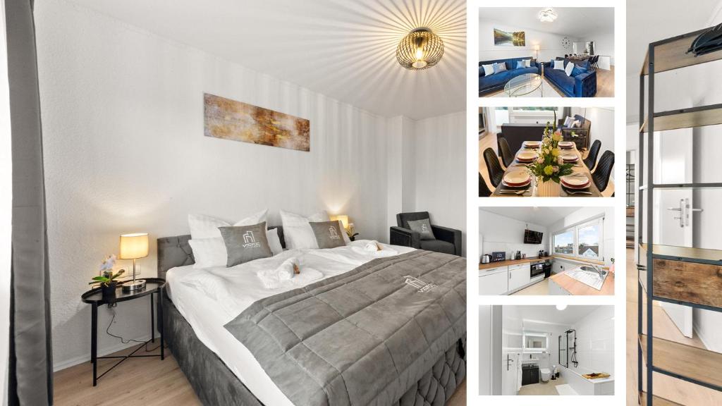 a collage of photos of a bedroom and a bed at VINFUL: Premium-Apartment mit Balkon und Parkplatz in Mülheim an der Ruhr