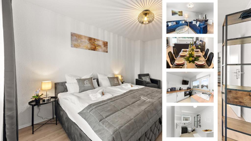 un collage de photos d'une chambre et d'un lit dans l'établissement VINFUL: Premium-Apartment mit Balkon und Parkplatz, à Mülheim