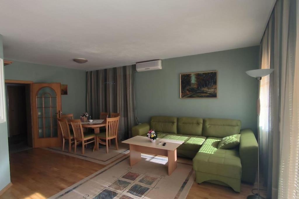 a living room with a green couch and a table at Cozy Ivana's Apartment in Skopje