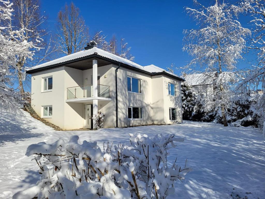 een huis in de sneeuw met sneeuw bedekte bomen bij Ferienwohnung HUSS 