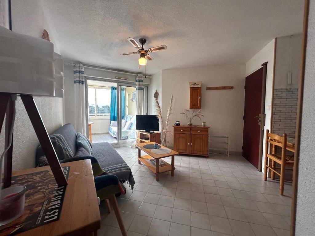 un salon avec un canapé et une télévision dans l'établissement Plage et pinède à 50m de la mer, à Sète