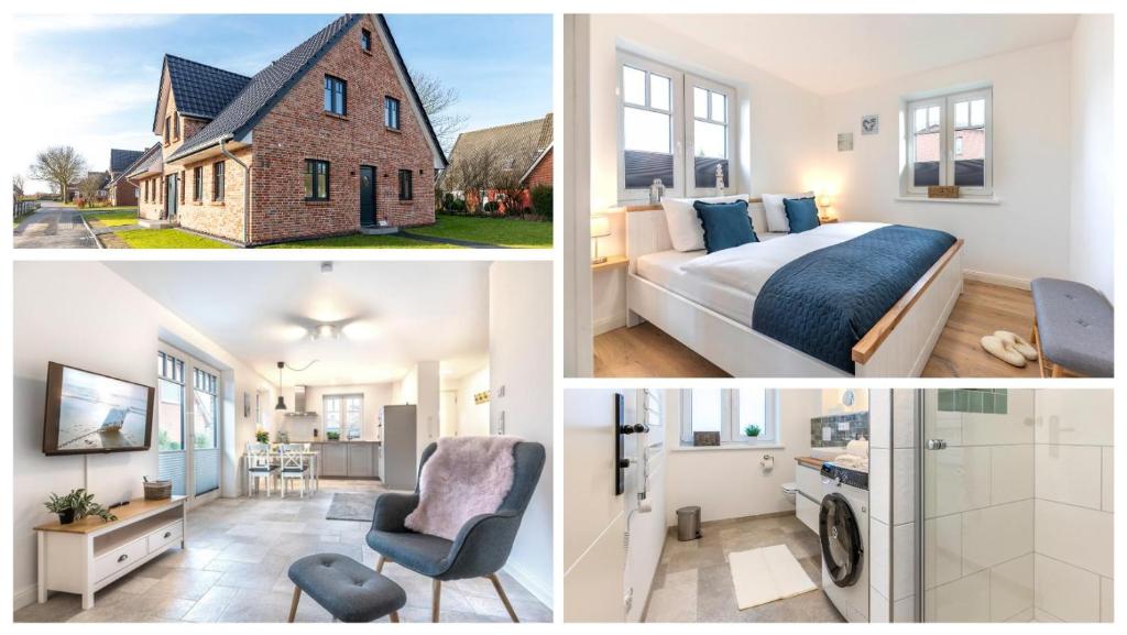 a collage of pictures of a bedroom and a house at Ankerplatz-Insel-Foehr in Oevenum