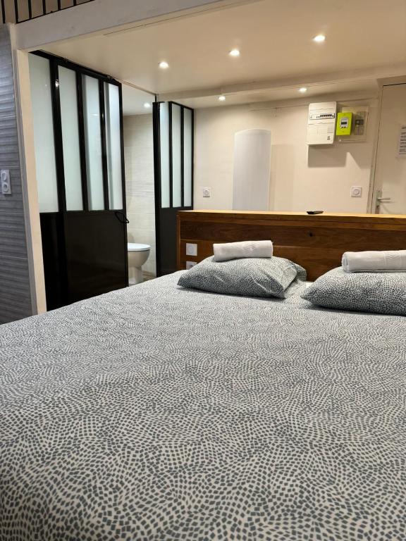 een slaapkamer met een groot bed met 2 kussens erop bij Studio St Vincent cosy 2 pers Quai de Saône in Lyon