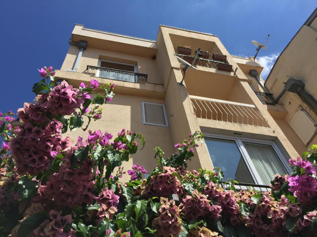 a building with purple flowers in front of it at Regent Apartment in Petrovac na Moru