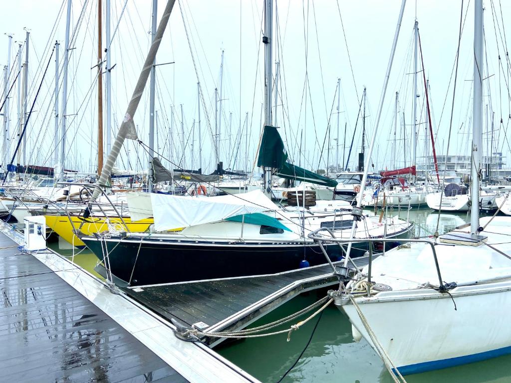 a group of boats docked in a harbor at Nuit insolite à bord d’un voilier in La Rochelle