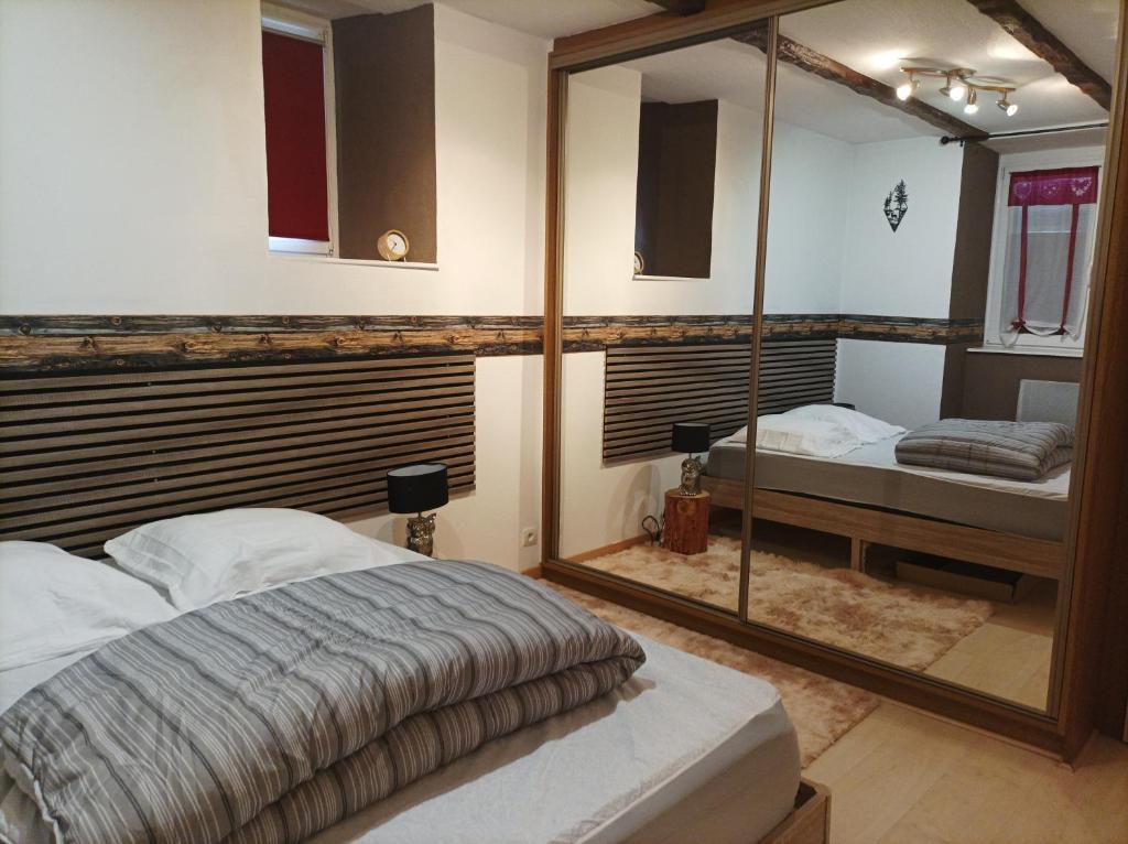 a bedroom with a bed and a large mirror at Au doux refuge in Zimmersheim