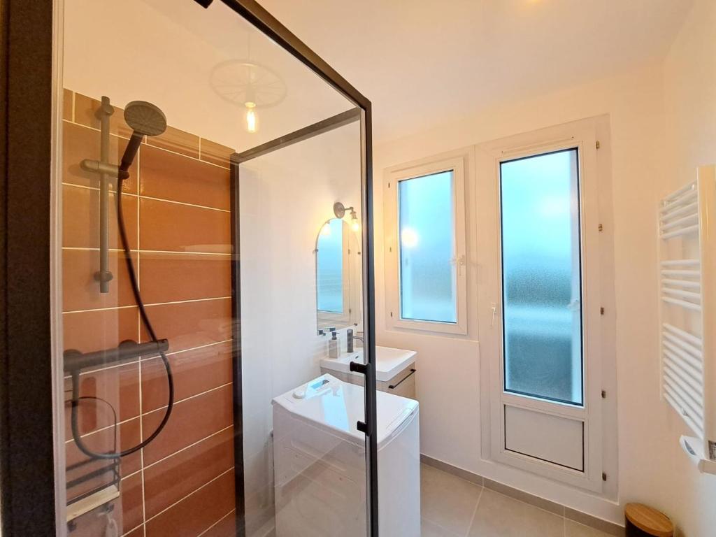 La salle de bains est pourvue d'une douche et d'un lavabo. dans l'établissement Appartement cosy au coeur de Reims, à Reims