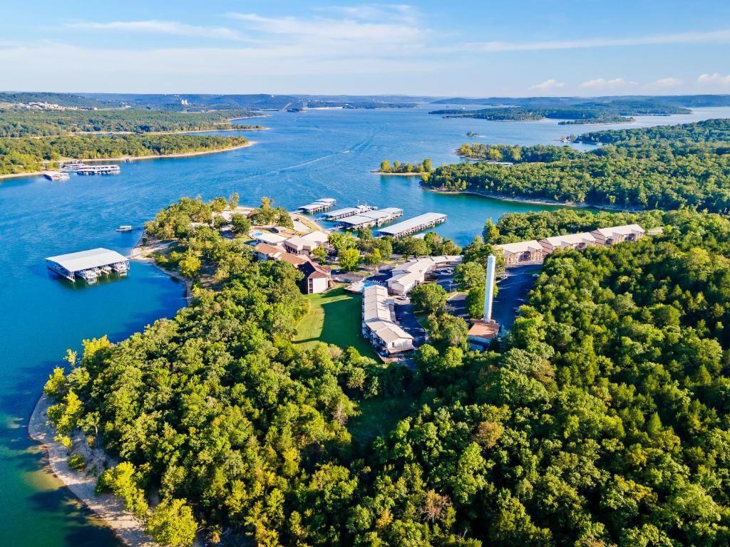 an aerial view of an island in the water at Rock Lane Resort & Marina in Branson