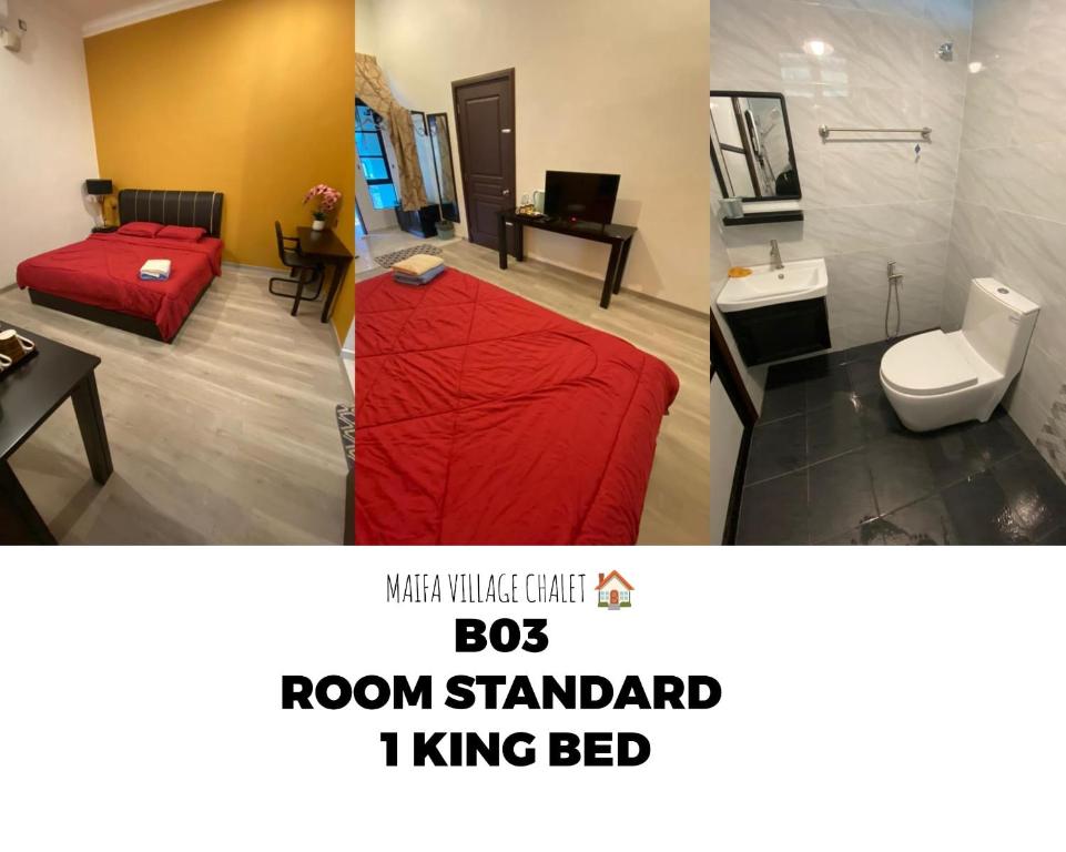 Zimmer mit einem roten Bett und einem Standard-Kingsize-Bett. in der Unterkunft Maifa Village Chalet in Kuala Terengganu