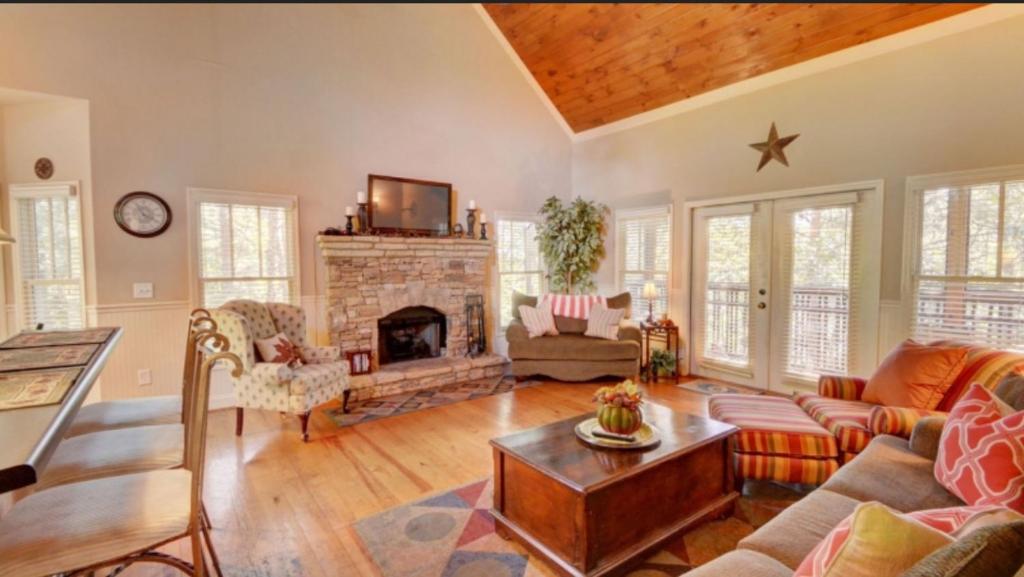 a living room with a couch and a fireplace at Helen Hilltop Haven in Helen