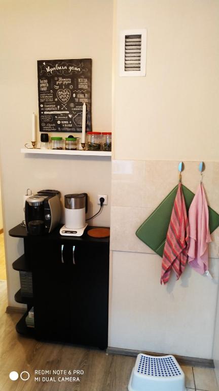 uma cozinha com um balcão com toalhas penduradas na parede em Almaly em Almaty
