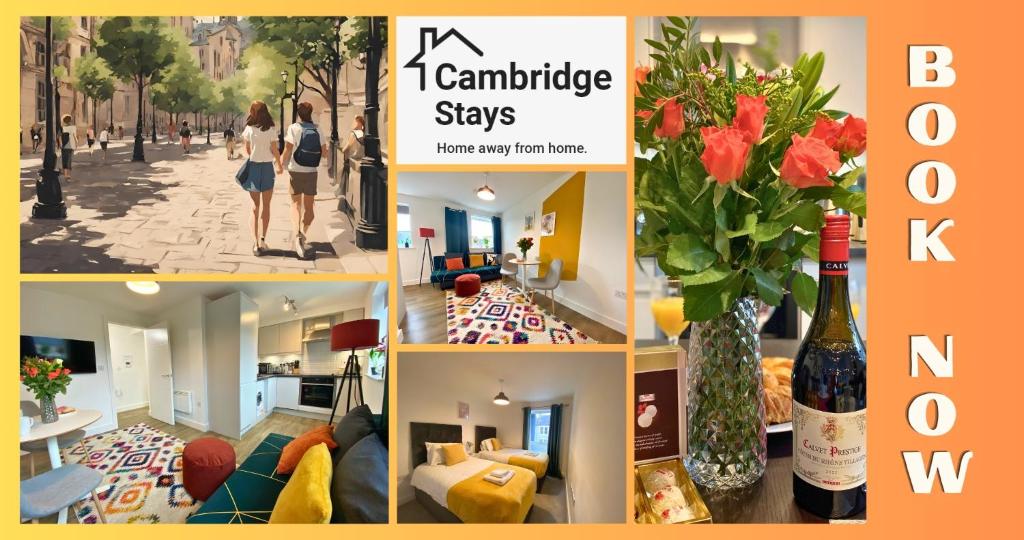 un collage de fotos de una sala de estar con una botella de vino en Cambridge Stays Riverside 1BR Flat-Walk to Centre-Parking, en Cambridge