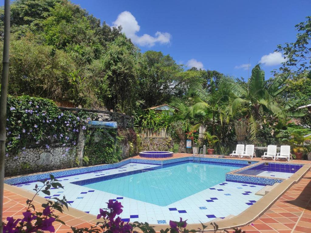 サン・ラファエルにあるSendero del Rio Finca Hotelの椅子と木々のある庭のスイミングプール