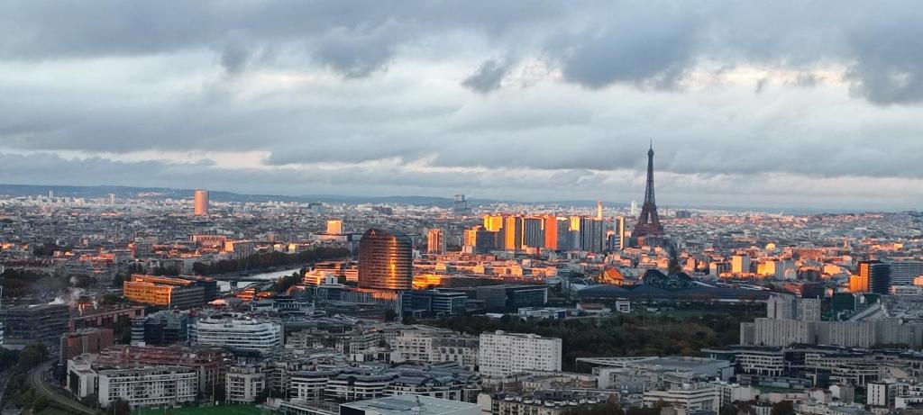a view of a city with the eiffel tower at Full apt - Top floor - Eiffel Tower Panoramic View in Issy-les-Moulineaux