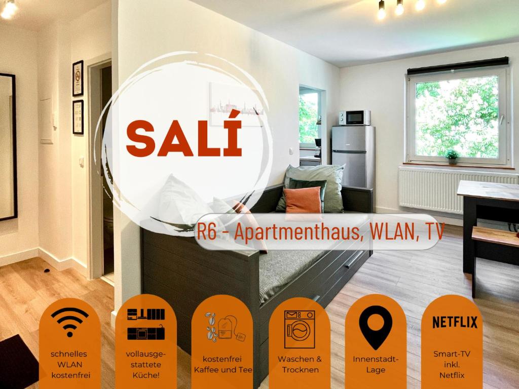 ein Schild in einem Wohnzimmer mit einem Verkaufsschild in der Unterkunft Sali - R6 - Apartmenthaus, WLAN, TV in Remscheid