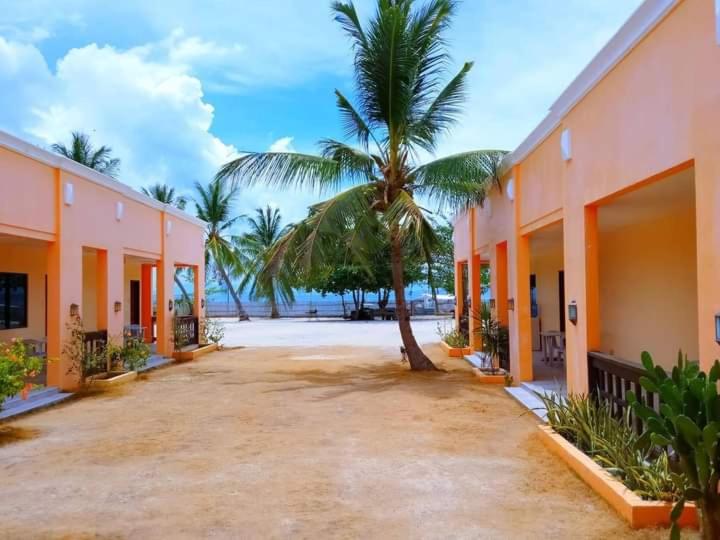 einen Innenhof eines Gebäudes mit einer Palme und dem Meer in der Unterkunft CRISOLS BEACH RESORT - MALAPASCUA ISLAND in Daanbantayan