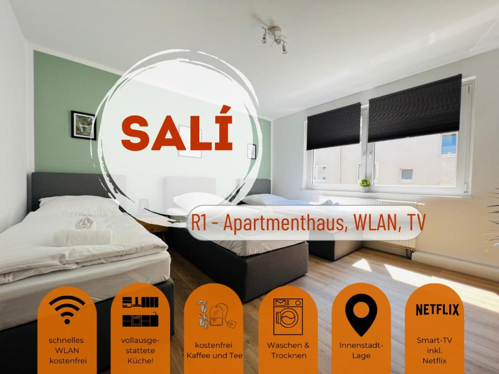 a room with a bed and a sign that reads sell at Sali - R1 - Apartmenthaus, WLAN, TV in Remscheid