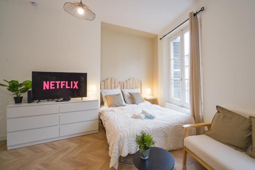 1 dormitorio con 1 cama, TV y sofá en Le Clocher - Quai De La Loire - Netflix en Tours