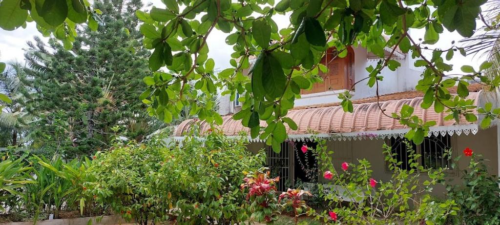 une maison avec un jardin planté de fleurs et d'arbres dans l'établissement Lush Garden Villa with Sand Garden, à Pointe-aux-Piments