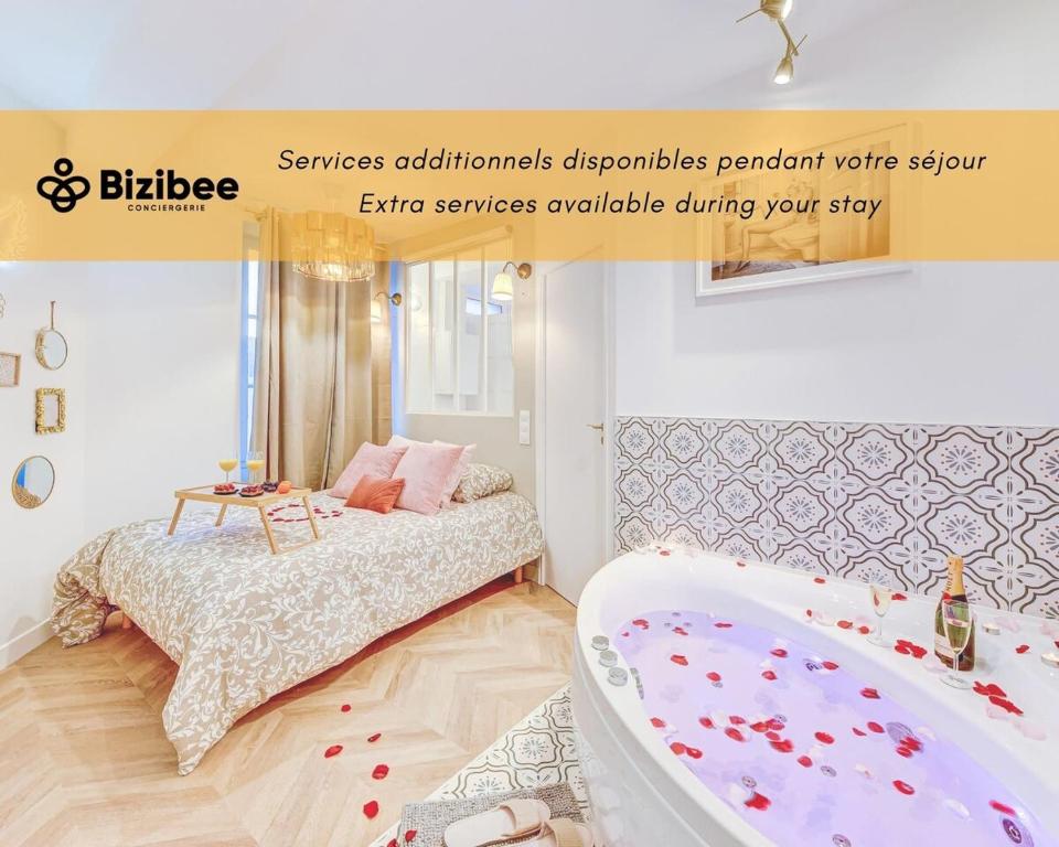 a poster of a bedroom with a bed and a tub at Boudoir - Spa & Chateau Fontainebleau in Avon