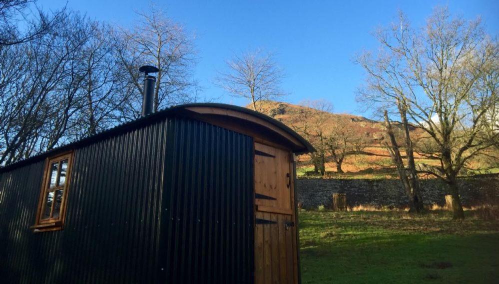 a small wooden building with a roof in a field at Gerdy Shepherd's Hut in Rydal