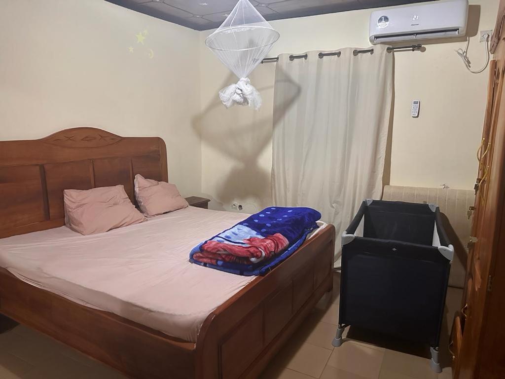 een slaapkamer met een bed met een net erop bij Villa Soto in Conakry