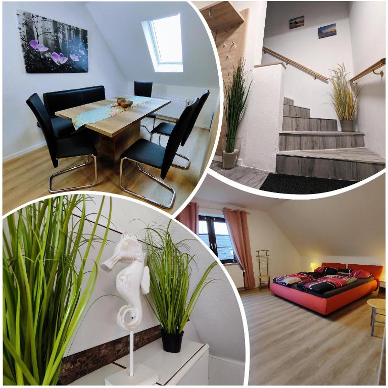 a collage of photos of a living room and dining room at Ferienwohnungen NordseeStern in Burhave