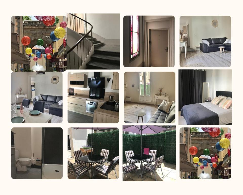un collage de photos d'un salon dans l'établissement Appartement avec terrasse centre de la Bastide, à Carcassonne