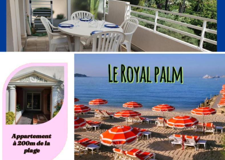 - un groupe de tables et de chaises avec parasols sur la plage dans l'établissement Royal Palm Juan les pins -Appartement 53M2 avec terrasse ensolleillée 5e dernier étage 200m de la plage, à Juan-les-Pins
