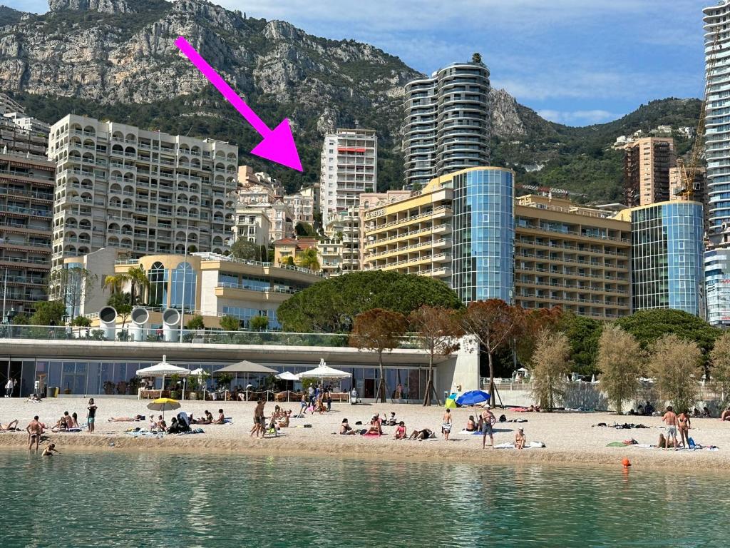 a group of people on a beach with a pink arrow at Luxury Tenao palace, Monaco border, sea view in Beausoleil