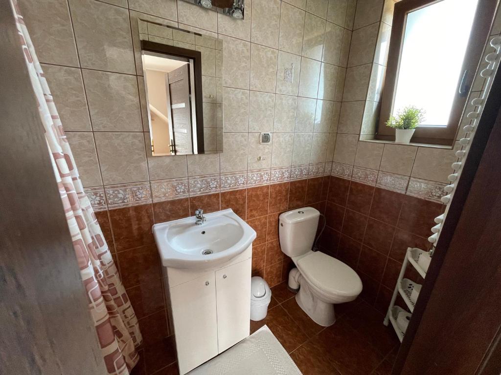 W łazience znajduje się umywalka, toaleta i lustro. w obiekcie Diuna w Dębkach