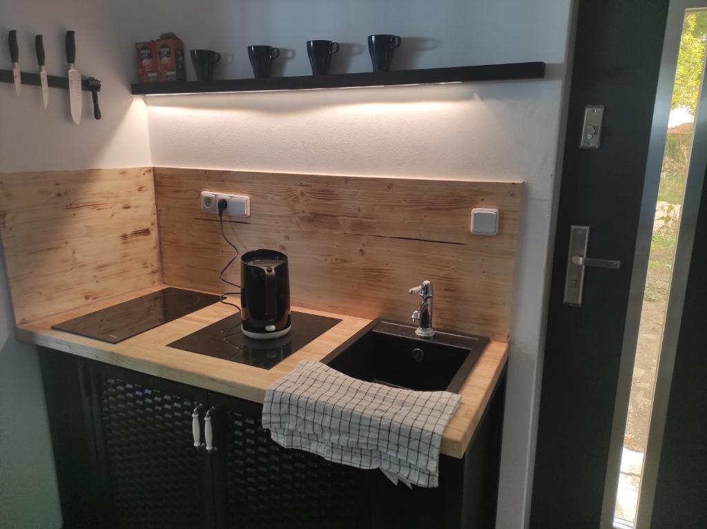 a small kitchen with a sink and a counter at Klid in Budyně nad Ohří