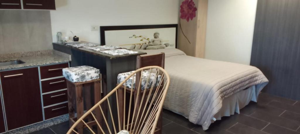 1 dormitorio con 1 cama, barra y lavamanos en Los Manzanares, monoambiente, en Veintiocho de Noviembre