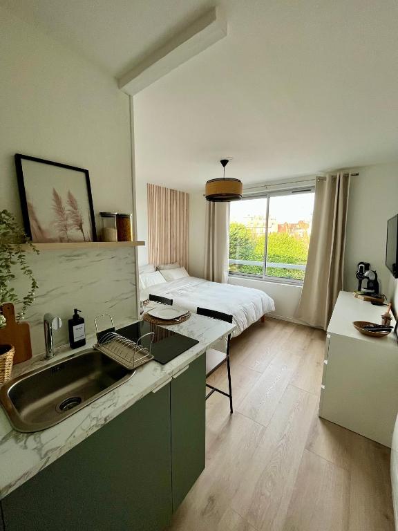 - une cuisine avec évier et un lit dans une chambre dans l'établissement L’Oliveraie, à Lille