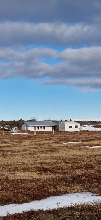 ein Gebäude in der Mitte eines Feldes in der Unterkunft Eaglerock guesthouse 2 in Kirkjubæjarklaustur