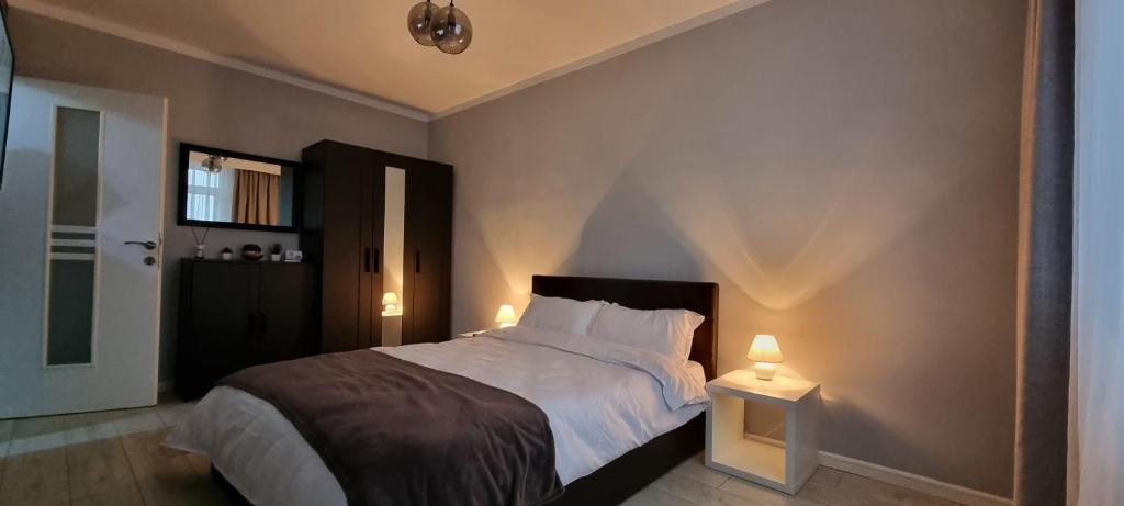 ピアトラ・ネアムツにあるFeel Like Home 2のベッドルーム1室(大型ベッド1台、ランプ2つ付)