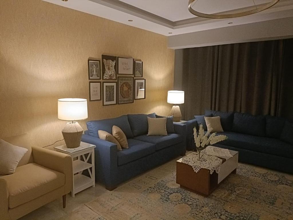 sala de estar con sofá azul y sillas en حان الوقت الأن للاستمتاع بالهدوءبشقةفندقية متميزة بأطلالة على نيل الزمالك en El Cairo