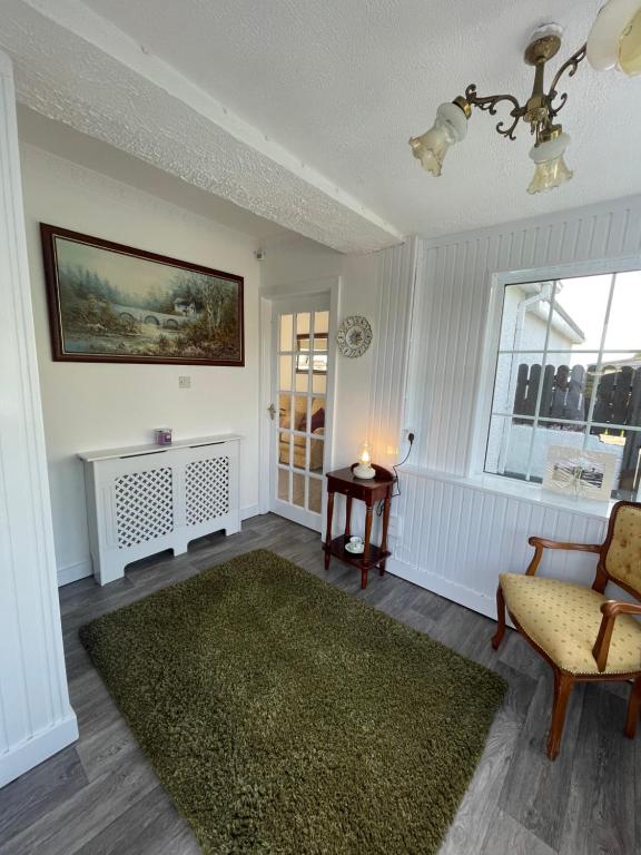 a living room with a green rug and a chair at Teasy's cottage in Armagh