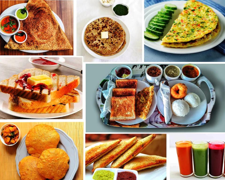 uma colagem de imagens de diferentes tipos de alimentos para o pequeno-almoço em Hotel Adore Residency em Mumbai