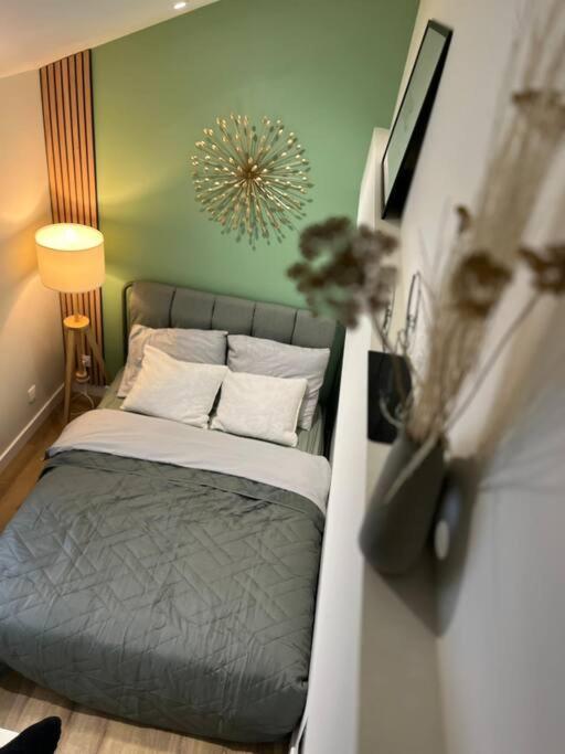 - un petit lit dans une chambre dotée d'un mur vert dans l'établissement Une mise au vert en centre ville, à Sens