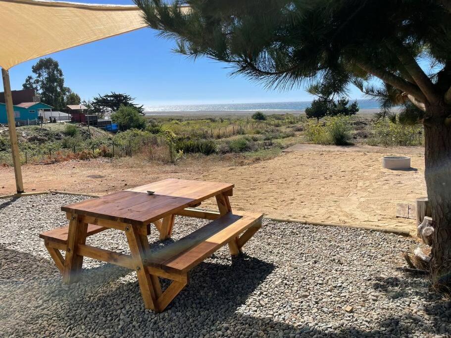 a wooden picnic table sitting next to a tree at Casa La Escondida, Punta Sirena in Pelluhue