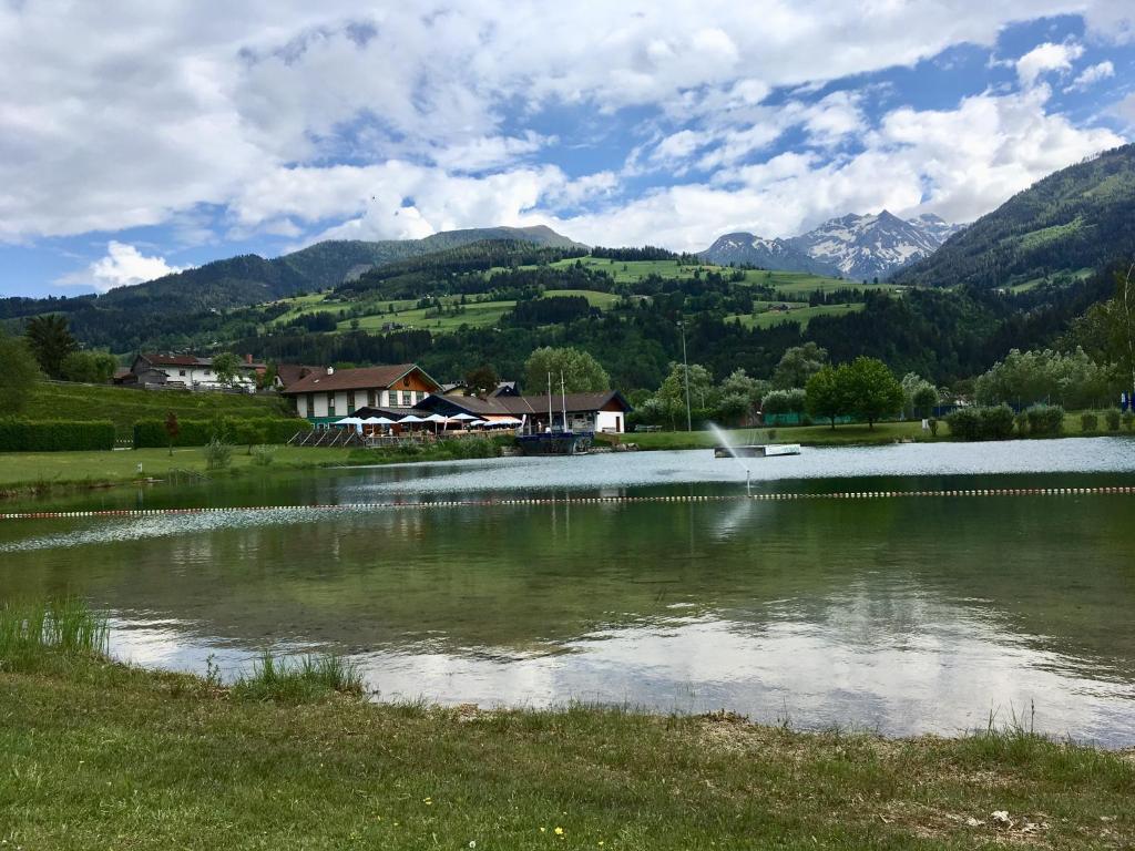 un lago en un campo con montañas en el fondo en Ferienhaus Gruber, en Aich