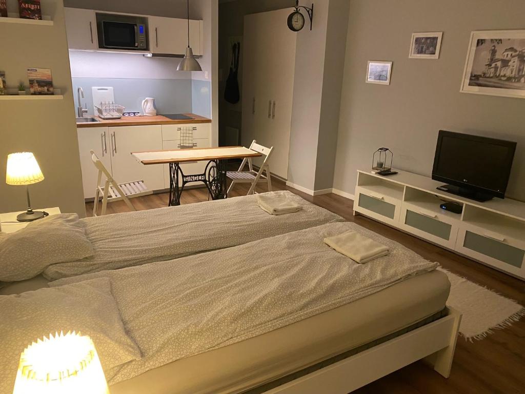 ein Schlafzimmer mit einem Bett und einem Tisch mit einem TV in der Unterkunft B&B Apartman Eger in Eger