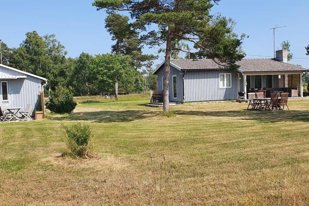 una pequeña casa en un campo con un patio con una casa en Gästhus på Fårös savann. en Fårö