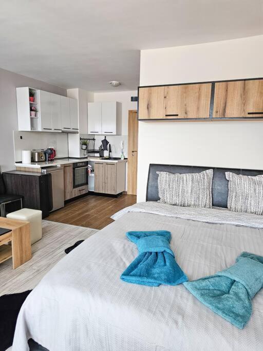 波罗维茨Boutique Studio B37的一间带大床的卧室和一间厨房