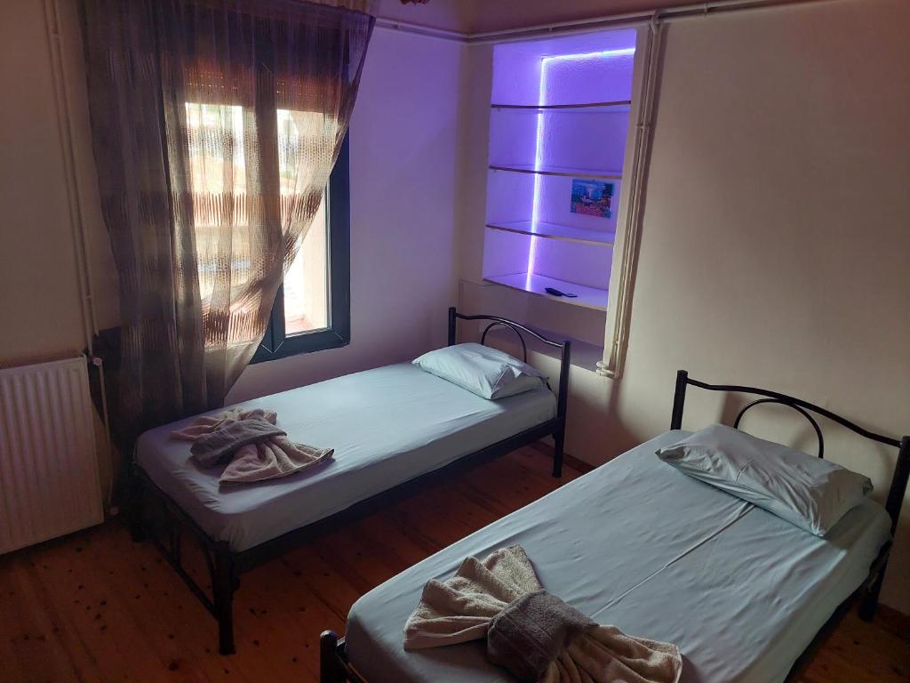 two beds in a small room with a window at Villa seniorita Annita in Nikiti