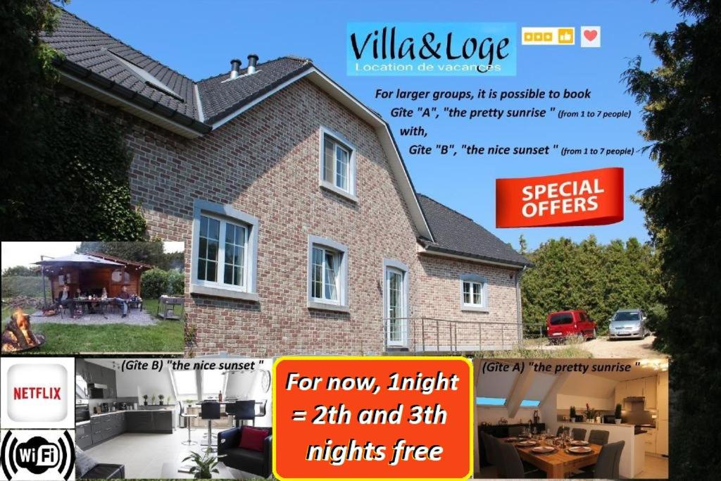 eine Collage mit Bildern eines Hauses mit einem Flyer in der Unterkunft Villa&Loge in Lontzen