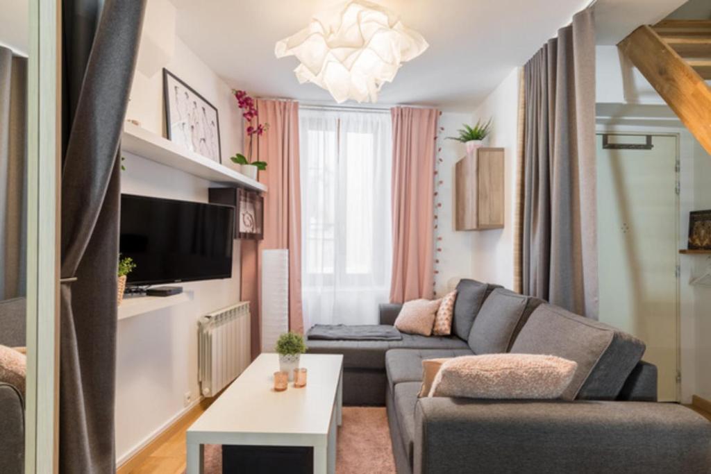 a living room with a couch and a tv at Charmant duplex deux chambres Saxe Gambetta in Lyon