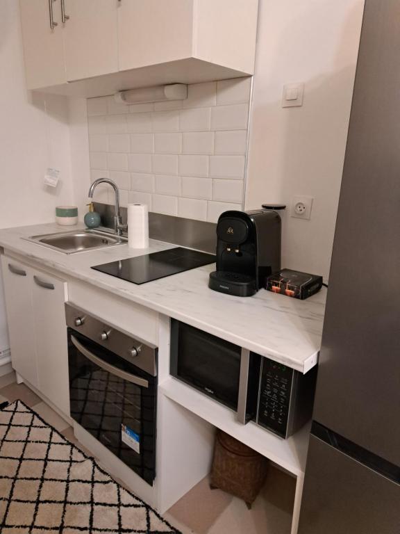 uma cozinha com um lavatório e um micro-ondas em Grand Studio de 24m2 avec terrasse privée proche de la gare RER TER em Étampes